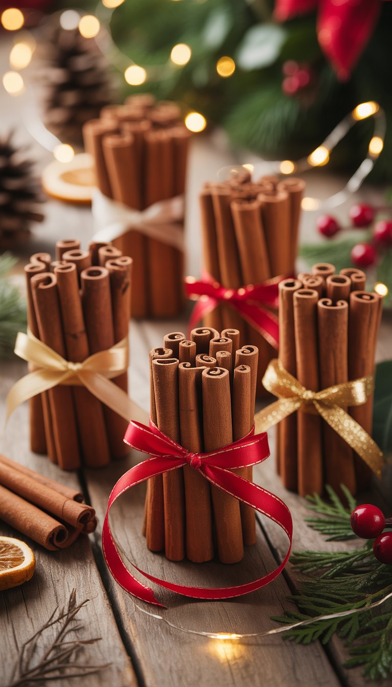 Christmas Table Decorations Ideas: 17 Cozy and Charming Styles 3 Bundles of cinnamon sticks tied with ribbons arranged on a wooden table with Christmas decorations.