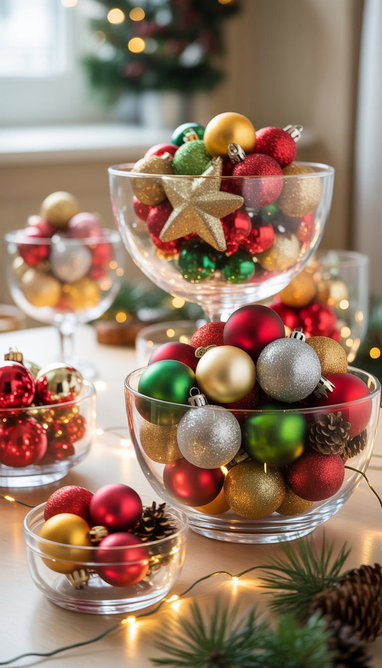 Christmas Table Decorations Ideas: 17 Cozy and Charming Styles 4 Clear glass bowls filled with colorful Christmas ornaments arranged on a festive table with holiday decorations.