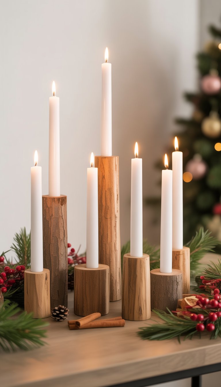 Christmas Table Decorations Ideas: 17 Cozy and Charming Styles 6 Rustic wooden candle holders with white candles on a decorated Christmas table surrounded by pine branches and festive accents.