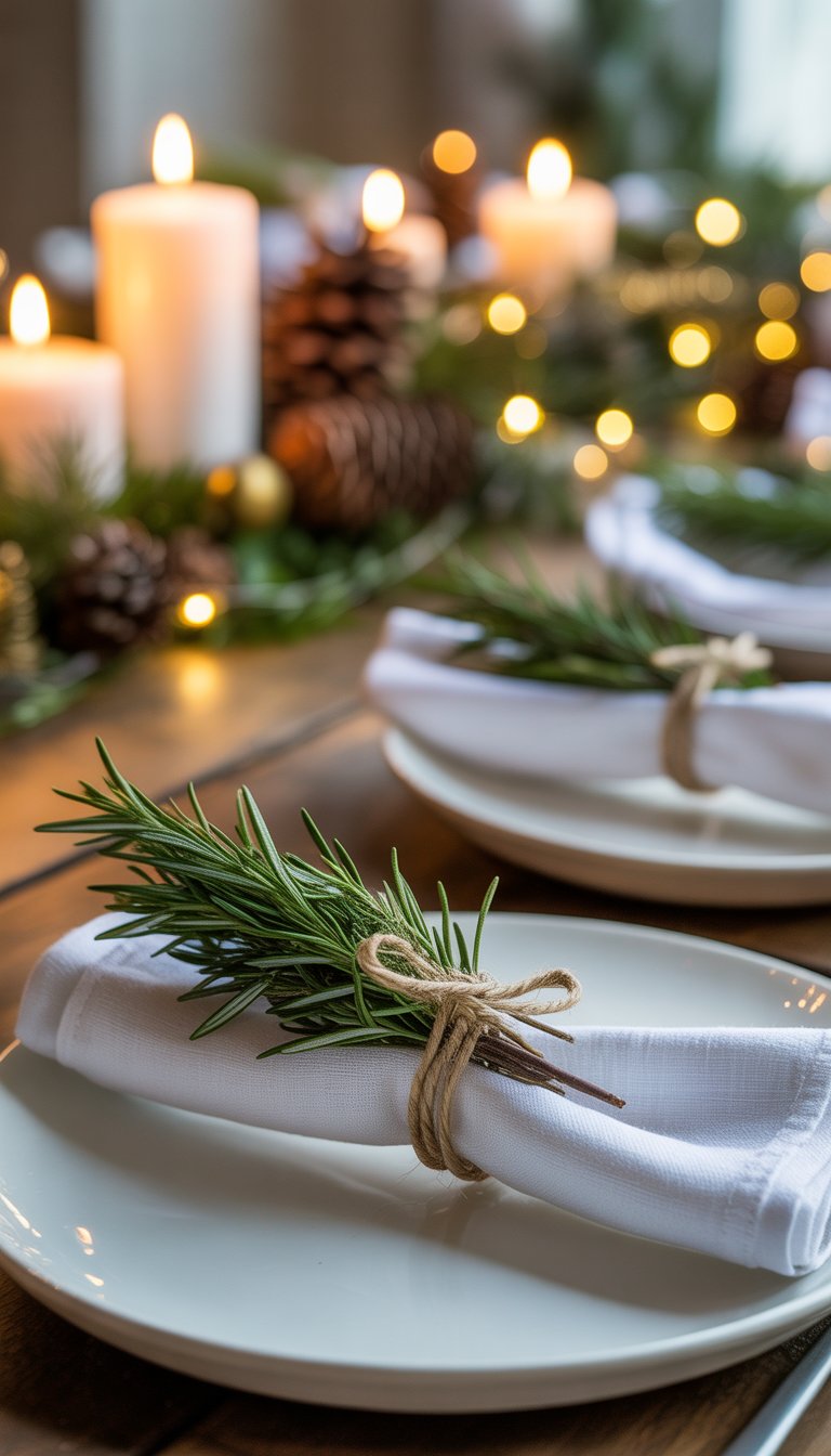 Christmas Table Decorations Ideas: 17 Cozy and Charming Styles 7 A Christmas table setting with white napkins wrapped in rosemary sprigs used as napkin rings, surrounded by candles and holiday decorations.