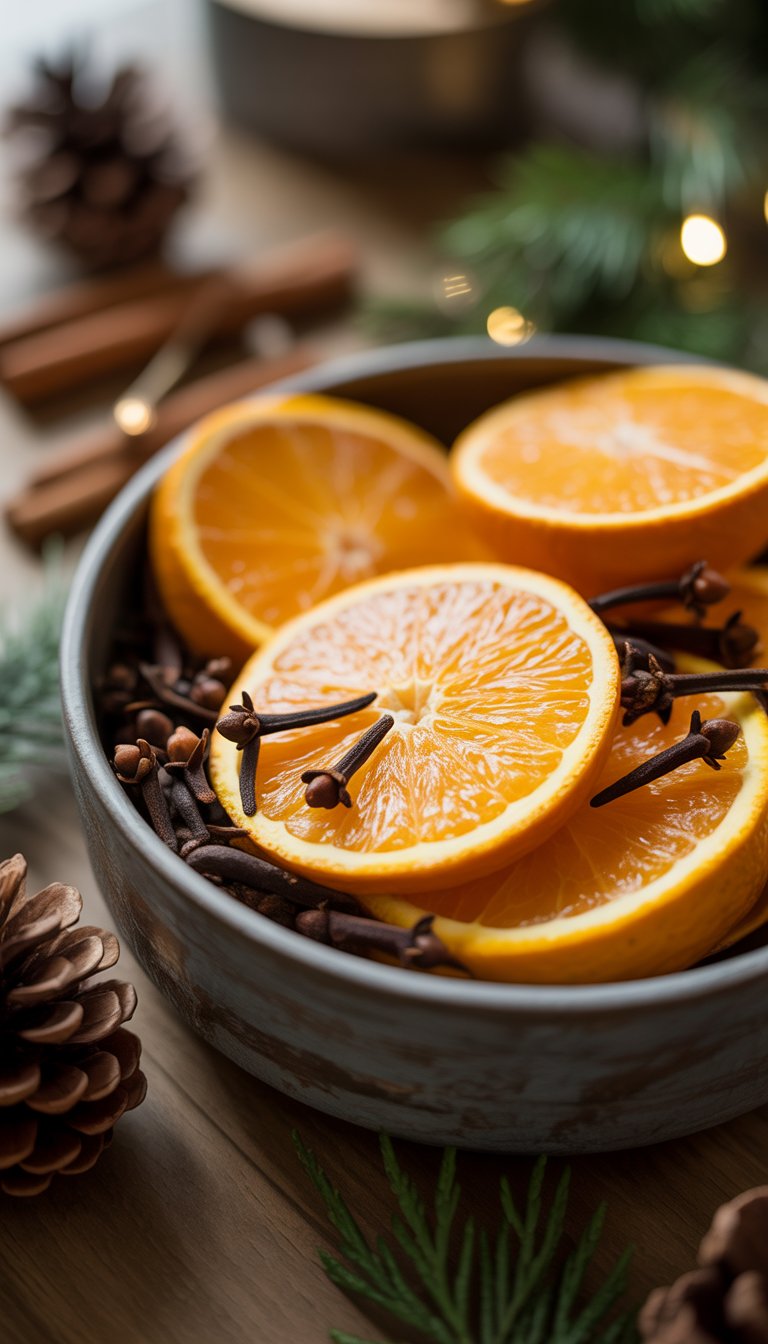 Christmas Table Decorations Ideas: 17 Cozy and Charming Styles 8 A bowl filled with fresh orange slices and cloves on a wooden table decorated with pinecones and evergreen sprigs.