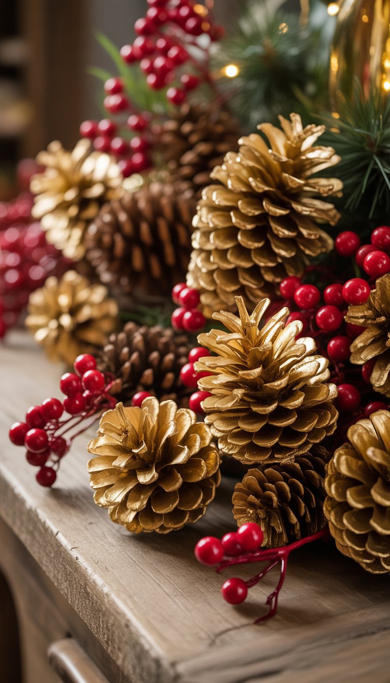 Christmas Table Decorations Ideas: 17 Cozy and Charming Styles 9 Close-up of gold-painted pinecones and red berries arranged as Christmas table decorations on a wooden surface.
