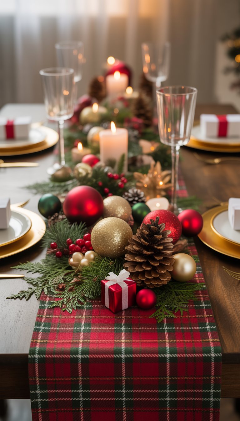 Christmas Table Decorations Ideas: 17 Cozy and Charming Styles 10 A holiday table decorated with a red and green plaid table runner, pine cones, ornaments, candles, and evergreen sprigs.