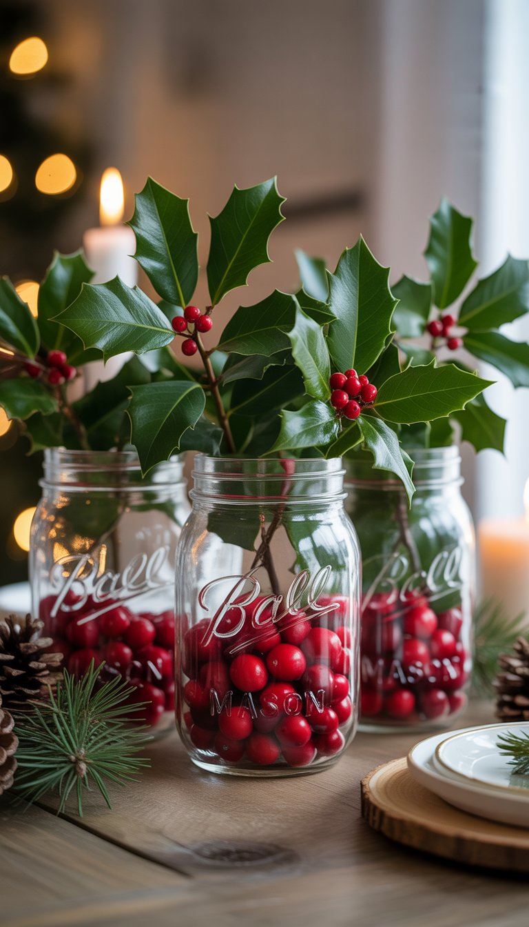Christmas Table Decorations Ideas: 17 Cozy and Charming Styles 11 A wooden table with mason jar vases filled with holly leaves and red cranberries as Christmas decorations.