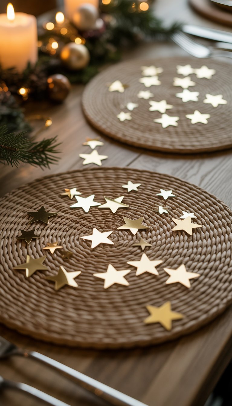 Christmas Table Decorations Ideas: 17 Cozy and Charming Styles 12 Metallic star-shaped confetti scattered on textured placemats on a decorated Christmas table.