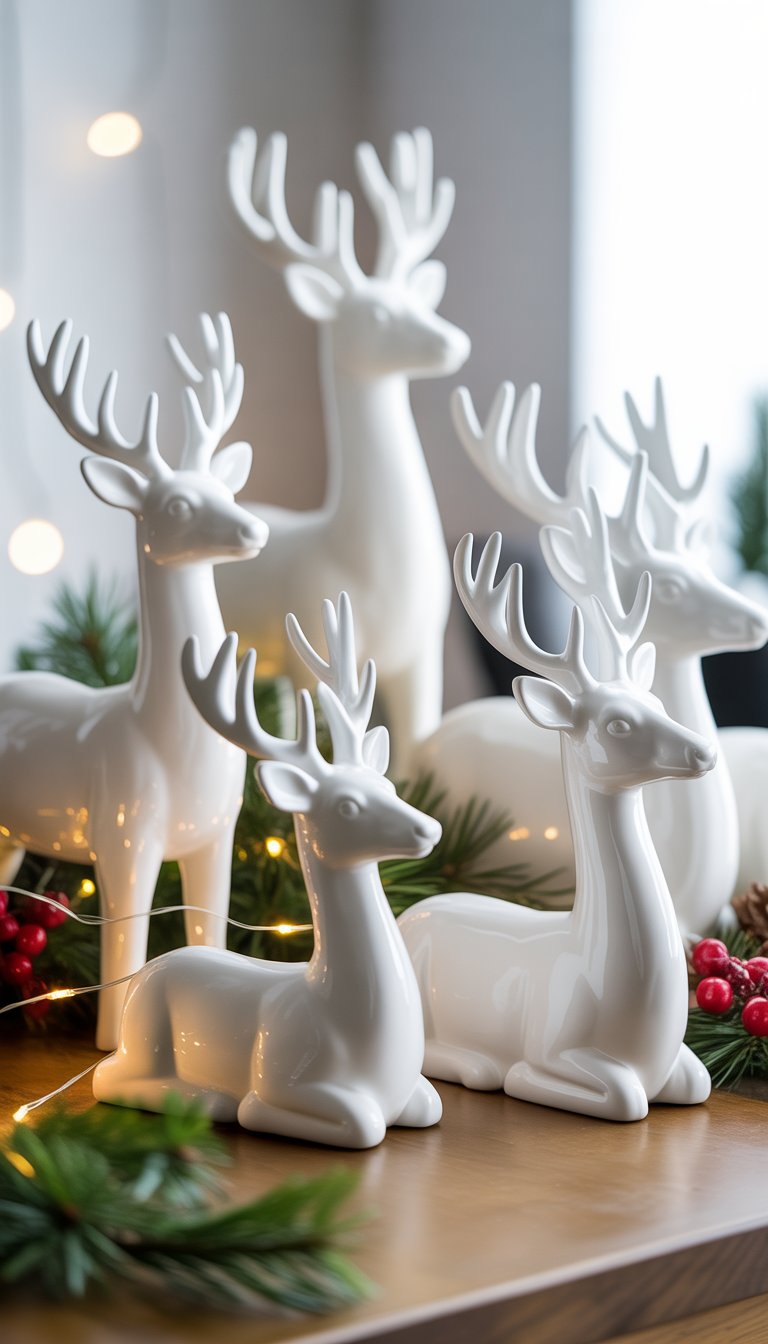 Christmas Table Decorations Ideas: 17 Cozy and Charming Styles 13 White ceramic reindeer figurines arranged on a Christmas table with pine branches and warm lights.