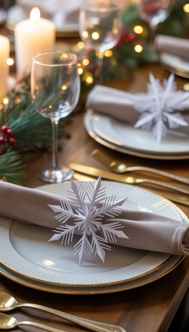 Christmas Table Decorations Ideas: 17 Cozy and Charming Styles 14 A Christmas dining table set with white plates, cloth napkins held by paper snowflake napkin rings, pine branches, and holiday decorations.