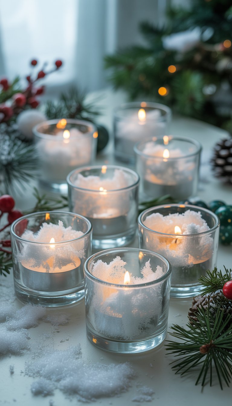 Christmas Table Decorations Ideas: 17 Cozy and Charming Styles 15 Glass tealight holders filled with fake snow arranged on a Christmas table with pine branches, red berries, and warm candlelight.
