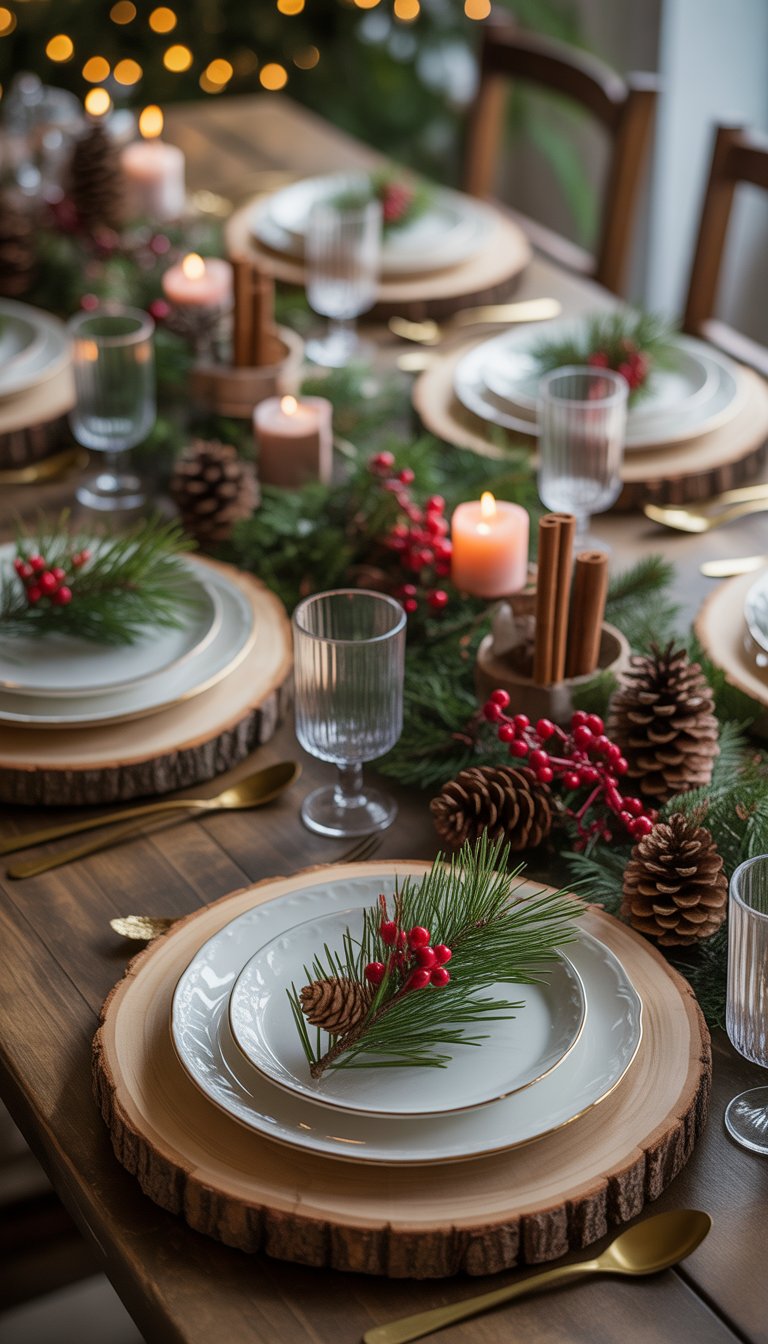 Christmas Table Decorations Ideas: 17 Cozy and Charming Styles 17 A Christmas dining table with natural wood slice chargers under white plates, decorated with pine cones, evergreen sprigs, red berries, cinnamon sticks, and candles.