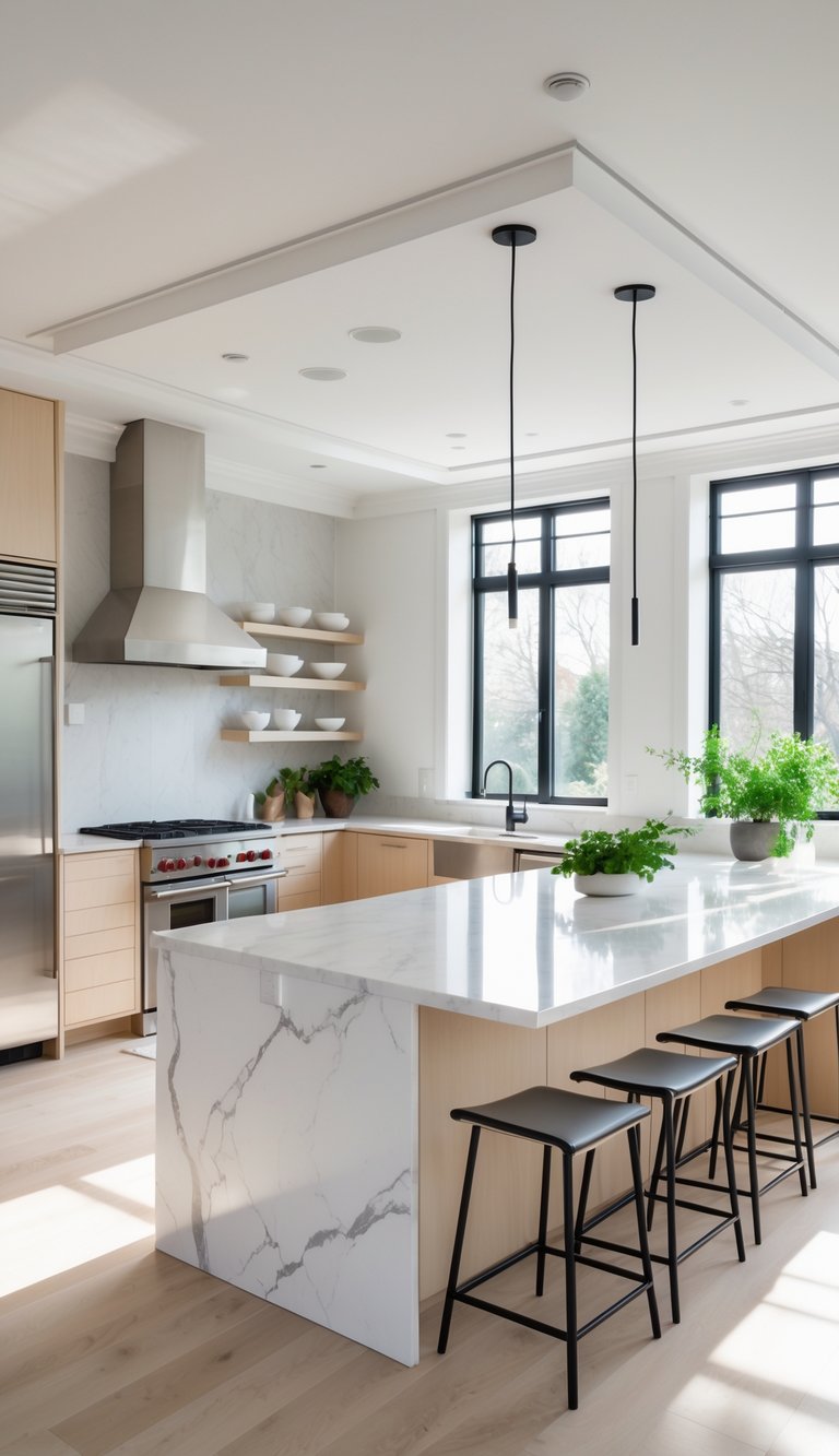 A modern kitchen with a large marble peninsula countertop, bar stools, stainless steel appliances, and natural light from windows.