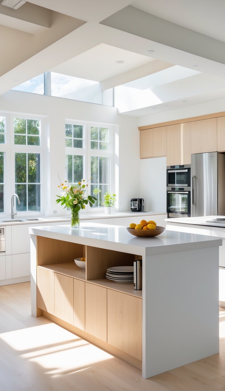 A modern kitchen with a peninsula featuring hidden storage cabinets and a clean white countertop, illuminated by natural light.