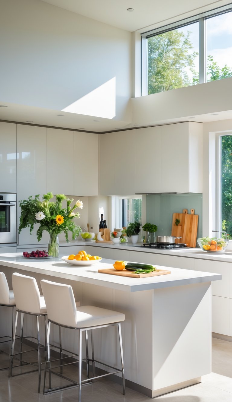 A modern kitchen with a two-level peninsula featuring a dining area with bar stools and a food preparation area with cutting boards and fresh vegetables.