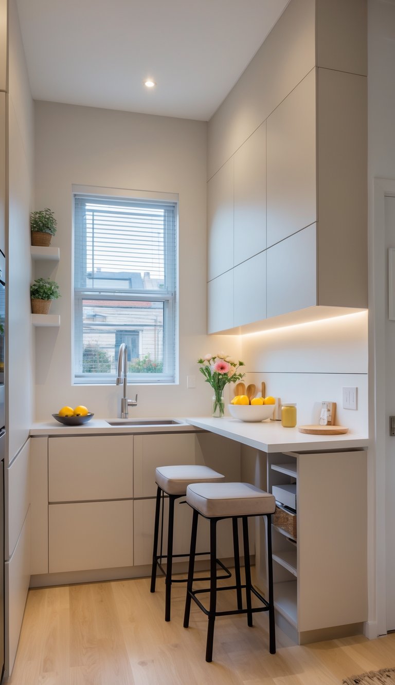 A small kitchen with a compact peninsula countertop and two bar stools, featuring light cabinetry and natural light from a window.