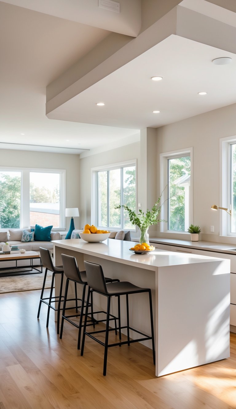 Open floor plan with a kitchen peninsula connected to a living area featuring a sofa, coffee table, and large windows letting in natural light.