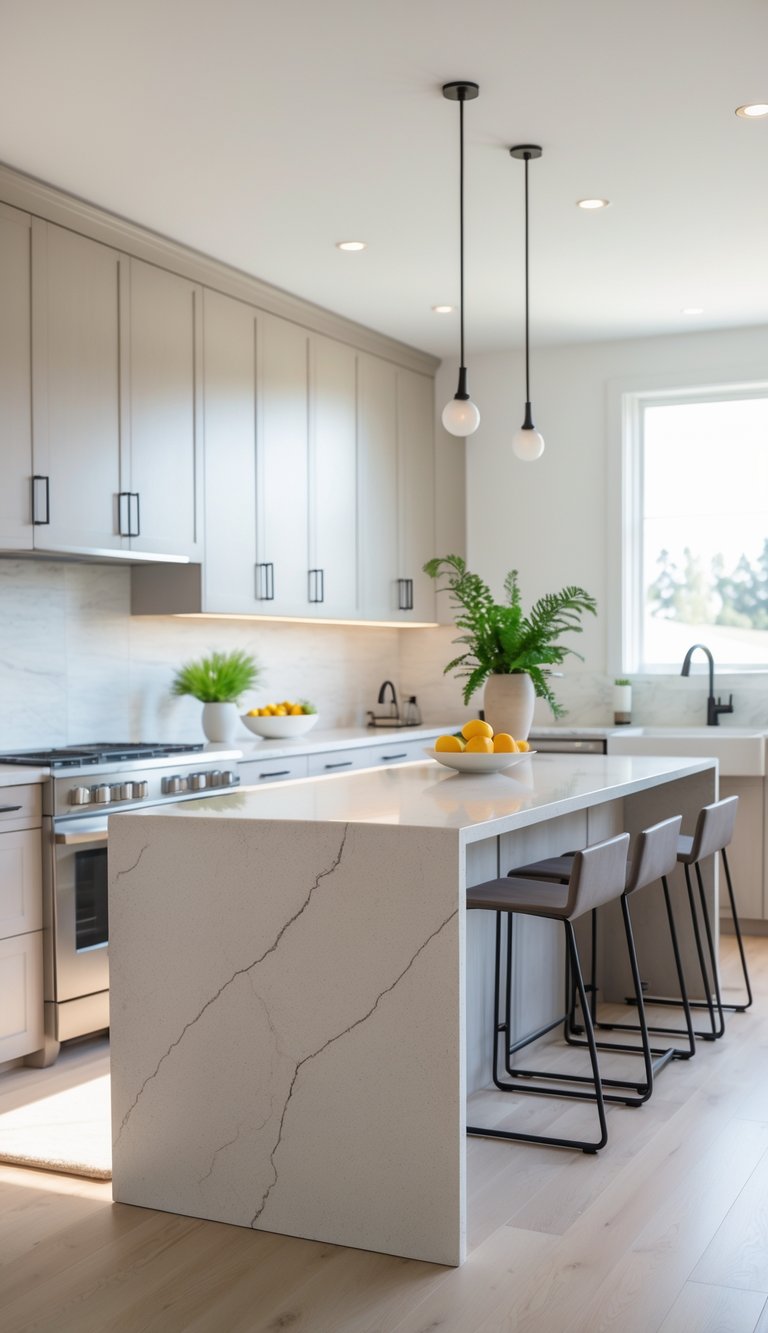 A modern kitchen with a quartz countertop peninsula featuring a waterfall edge and bar stools, surrounded by cabinetry and appliances.