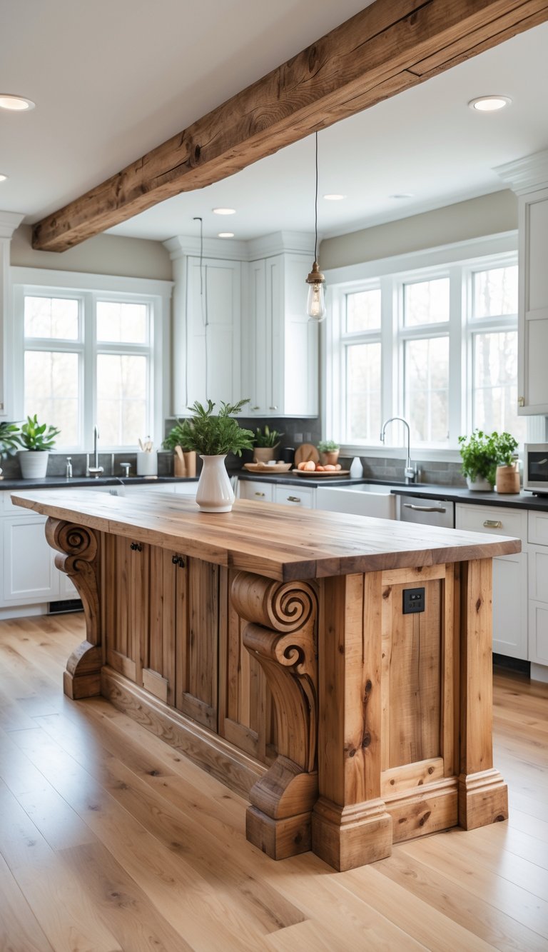 A kitchen with a wooden peninsula featuring decorative corbels, surrounded by modern appliances and natural light.