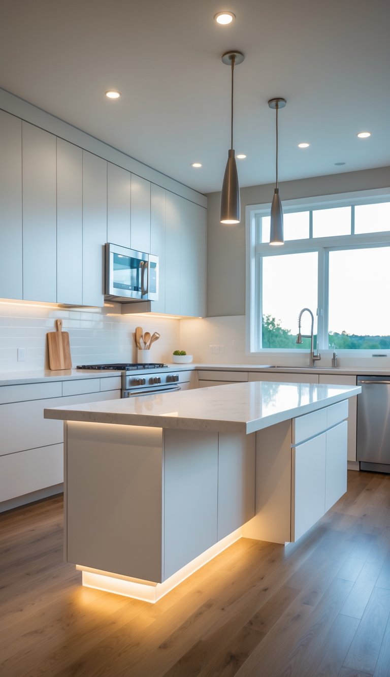 A modern kitchen with a floating white peninsula illuminated by warm under-cabinet lighting, surrounded by white cabinetry and stainless steel appliances.