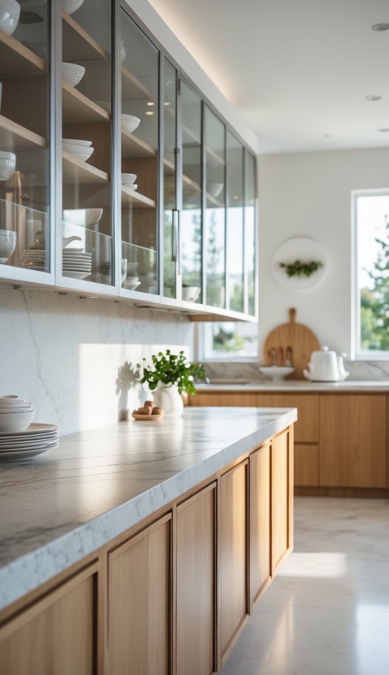 A kitchen peninsula with glass-front cabinets displaying dishes and decor, illuminated by natural light.