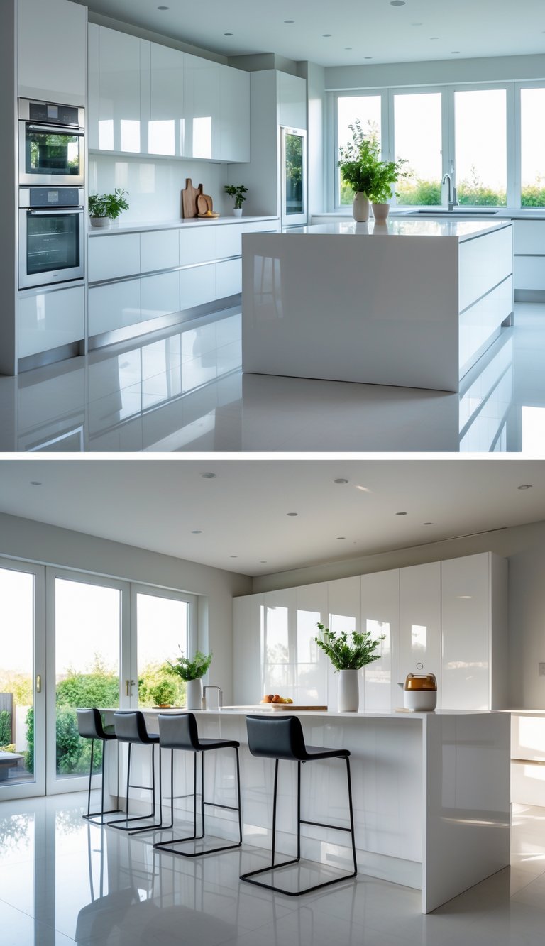 A bright kitchen with a white glossy peninsula countertop and bar stools, surrounded by white cabinets and stainless steel appliances.