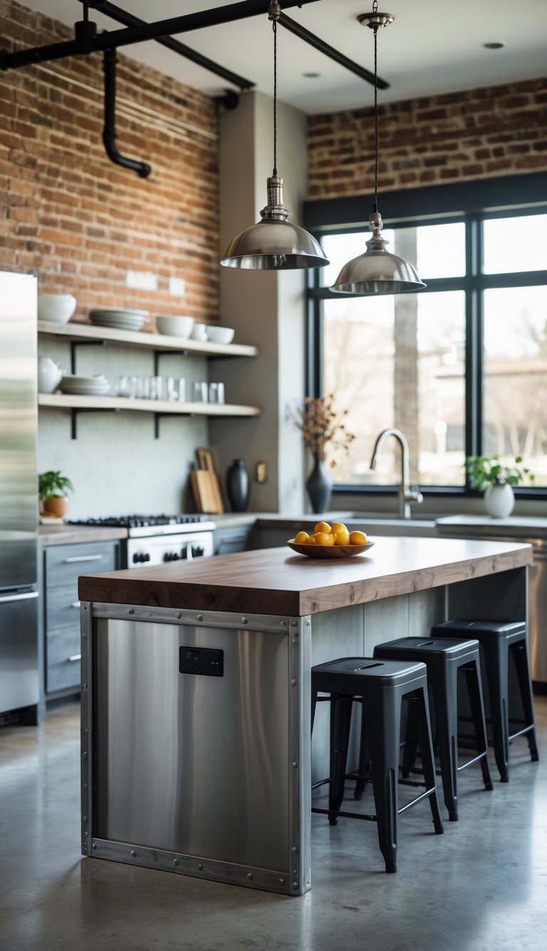 A modern kitchen with a large peninsula countertop, metal bar stools, brick walls, and stainless steel appliances.