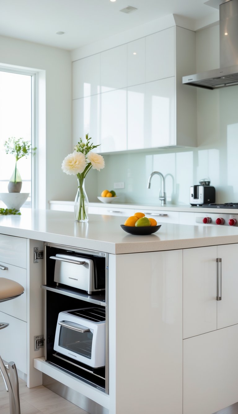 A modern kitchen peninsula with an under-counter appliance garage storing a toaster and coffee maker, surrounded by clean countertops and bar stools.