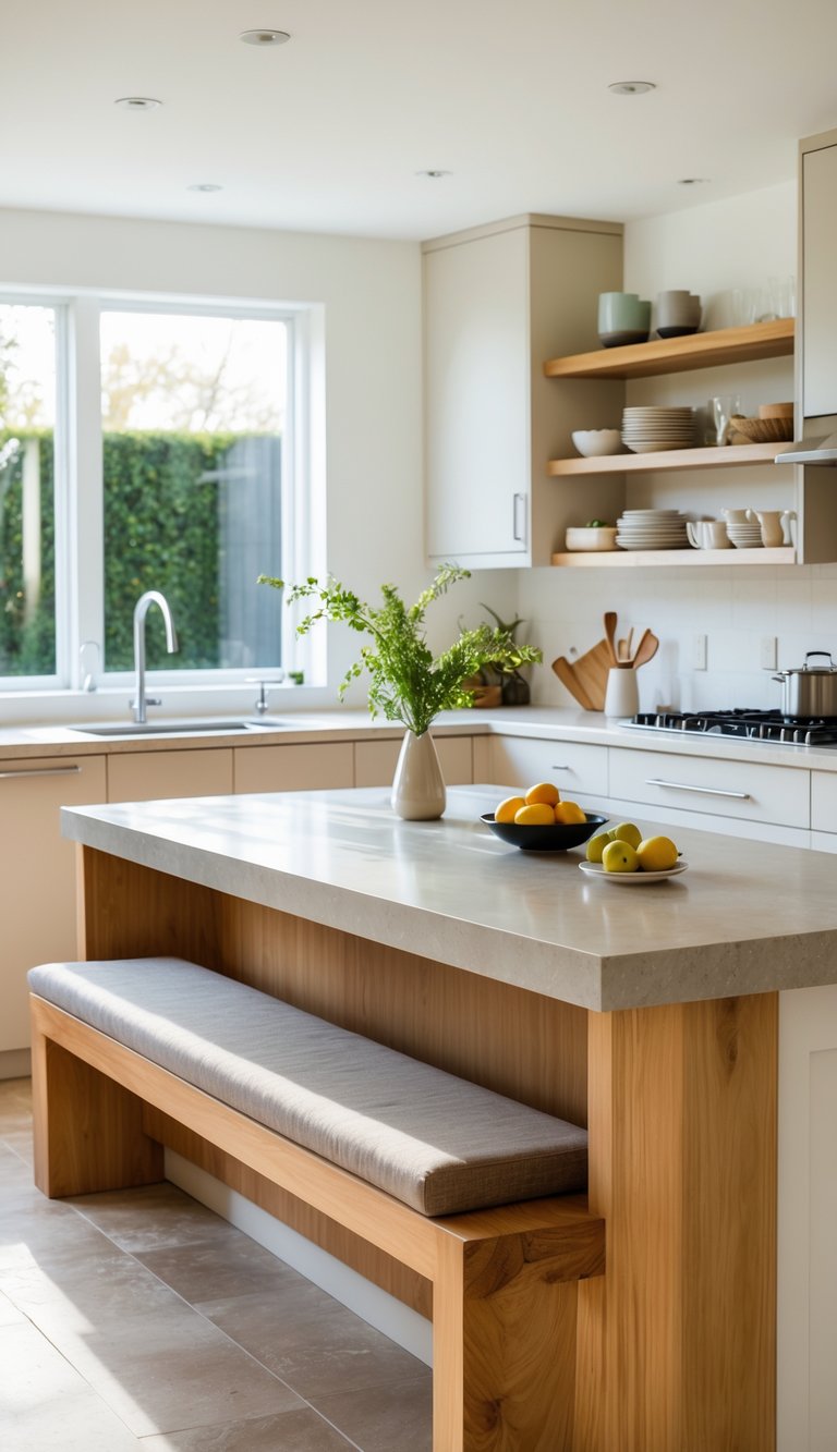 A modern kitchen with a peninsula featuring built-in benches and a stone countertop, surrounded by natural light and kitchen appliances.