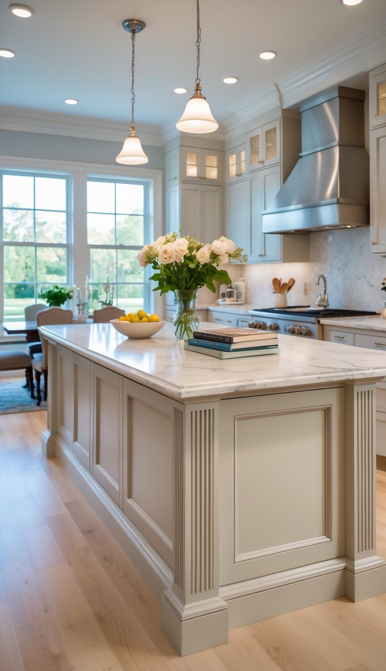 A bright kitchen with a marble countertop peninsula and classic molding surrounded by cabinets and appliances.