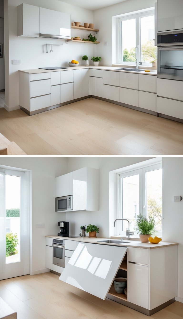 A modern kitchen with a fold-down peninsula partially folded down, showing a clean and organized space with white cabinets and stainless steel appliances.