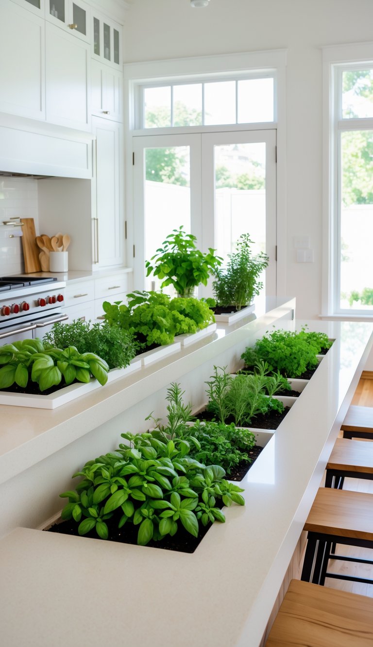 A modern kitchen with a peninsula that has a built-in herb garden containing various green herbs.