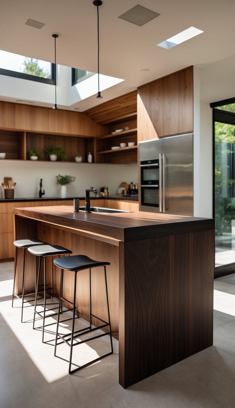 A modern kitchen with a dark wooden peninsula, light cabinets, stainless steel appliances, and large windows letting in natural light.
