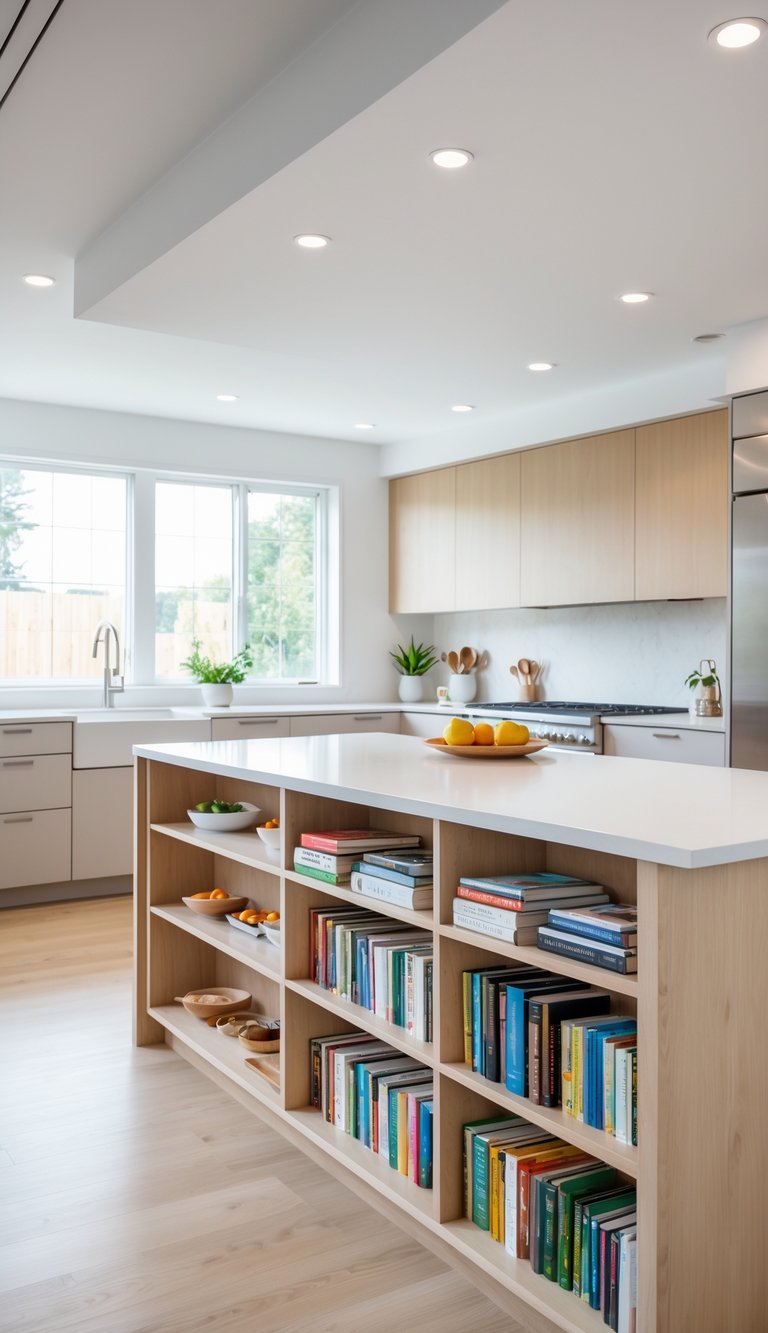 A kitchen peninsula with open shelves filled with cookbooks beneath a light countertop.
