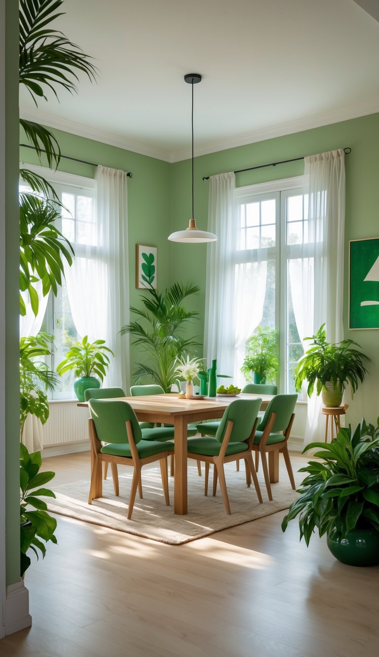 A dining room with a wooden table, green chairs, indoor plants, and large windows letting in natural light.
