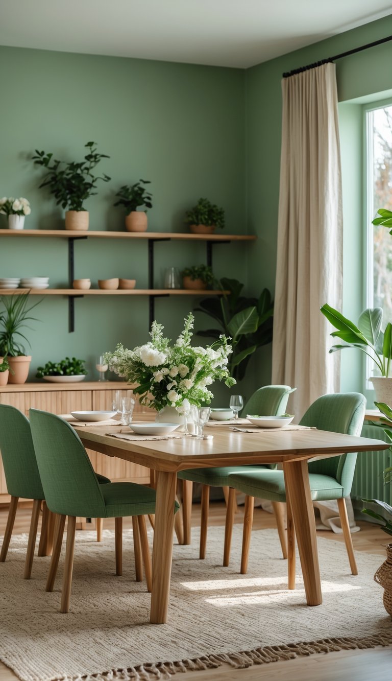 A dining room with sage green walls, a wooden table, green chairs, and plants creating a calm and natural atmosphere.