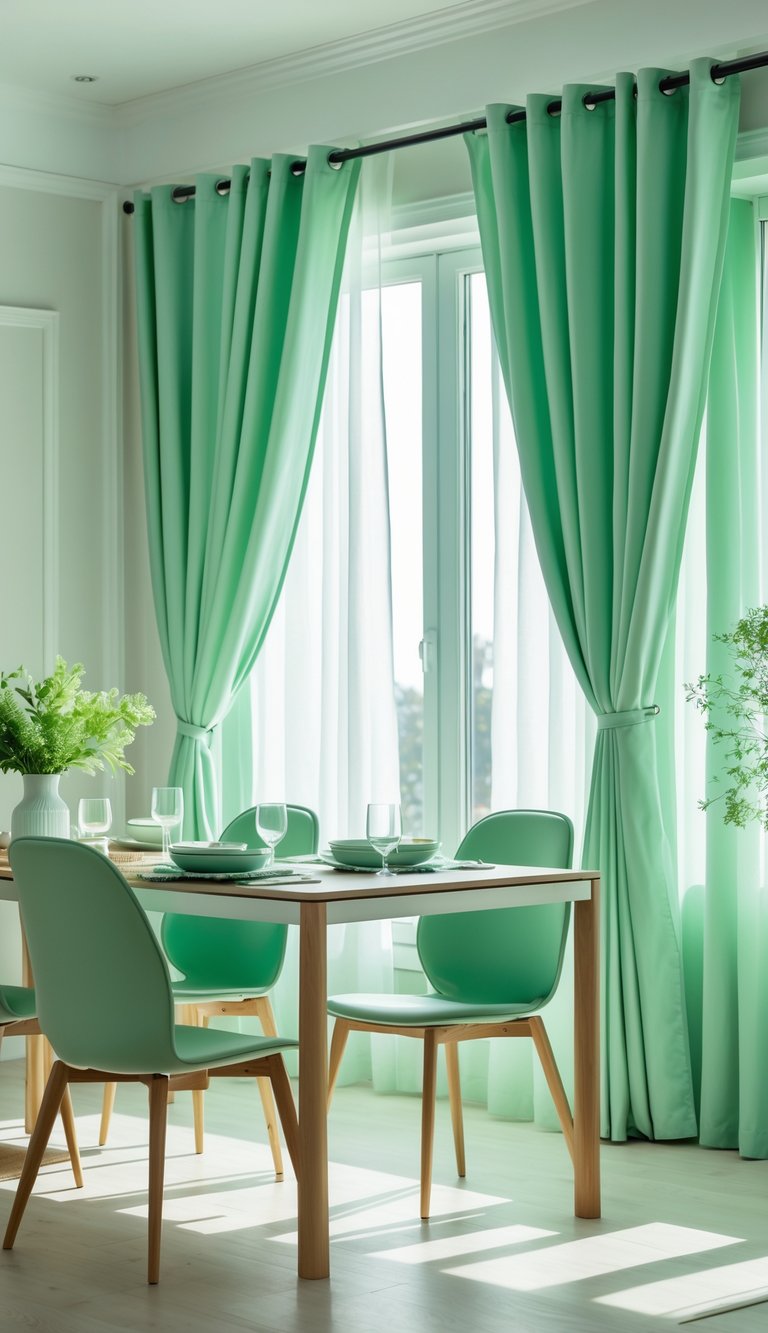 A dining room with mint green curtains, a dining table with green chairs, and natural light filling the space.