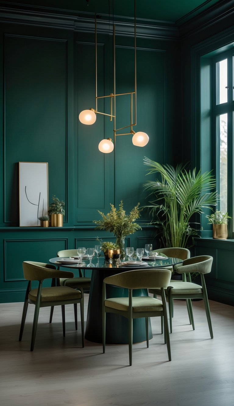 Dining room with dark green walls, brass light fixtures, and a dining table with chairs.