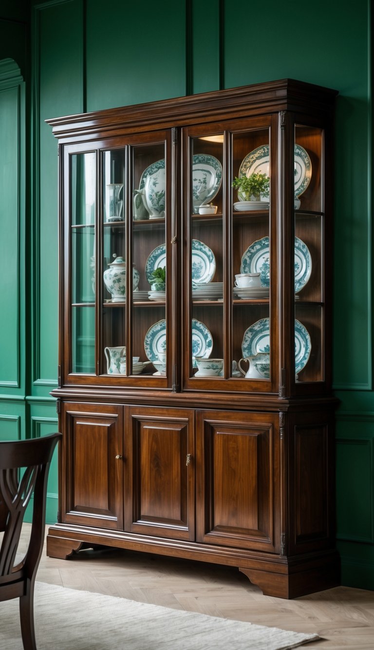 Wood china cabinet against green walls in a dining room