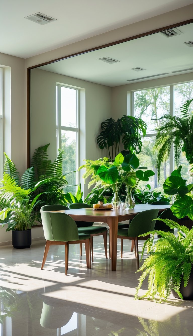 A dining room with a large mirror reflecting light and surrounded by green plants and a wooden dining table with green chairs.