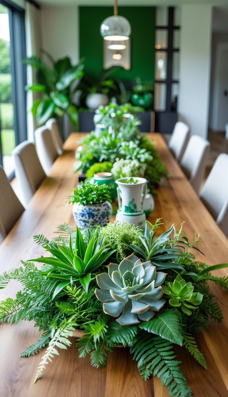 A dining room with a wooden table featuring a vibrant green plant centerpiece surrounded by chairs and natural light.