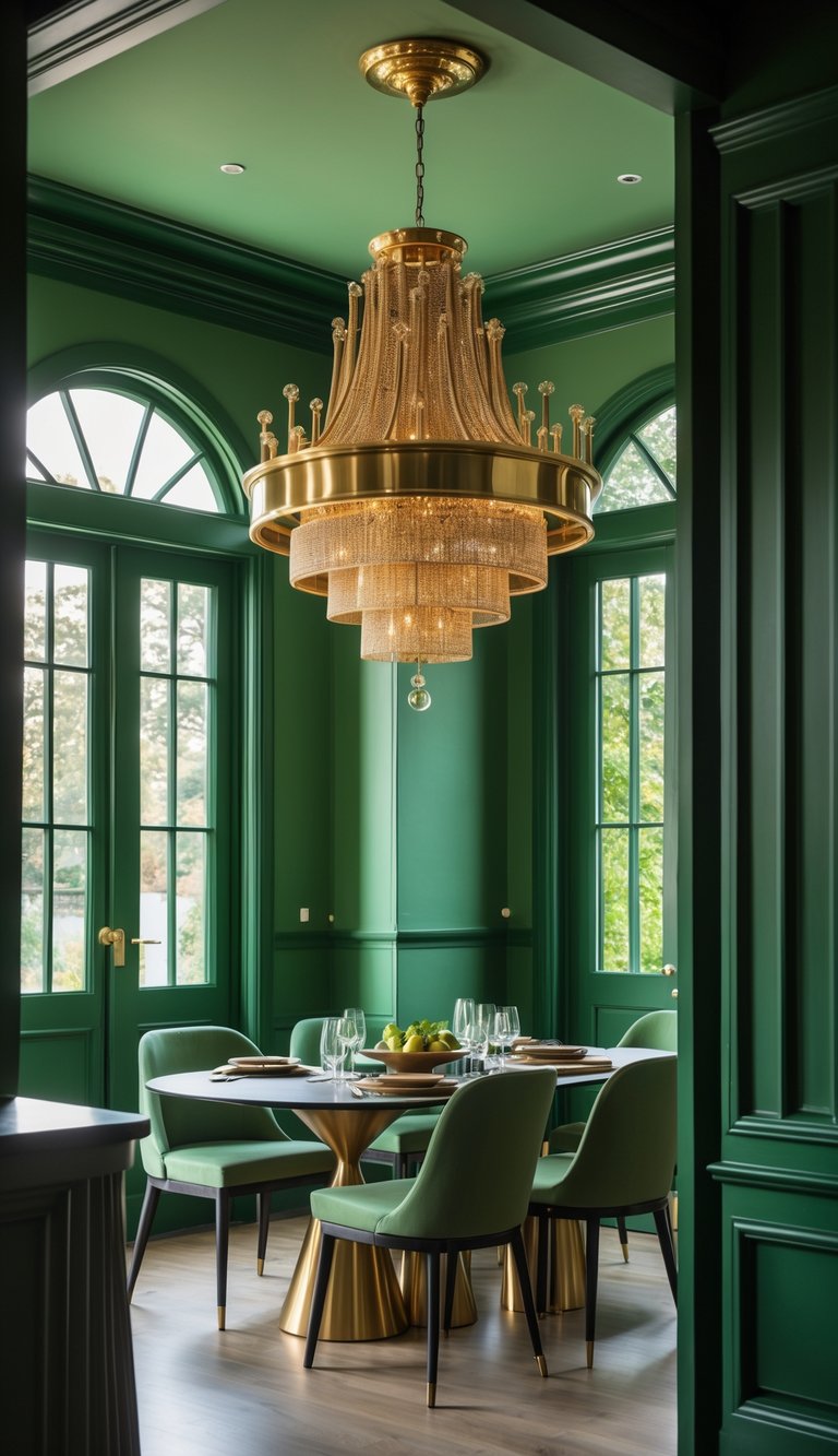 Dining room with green walls and a brass chandelier hanging over a dining table with chairs.