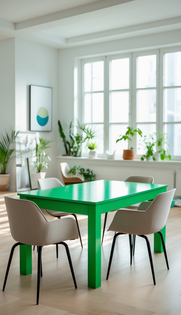 Dining room with a green-painted dining table surrounded by chairs and natural light coming through large windows.