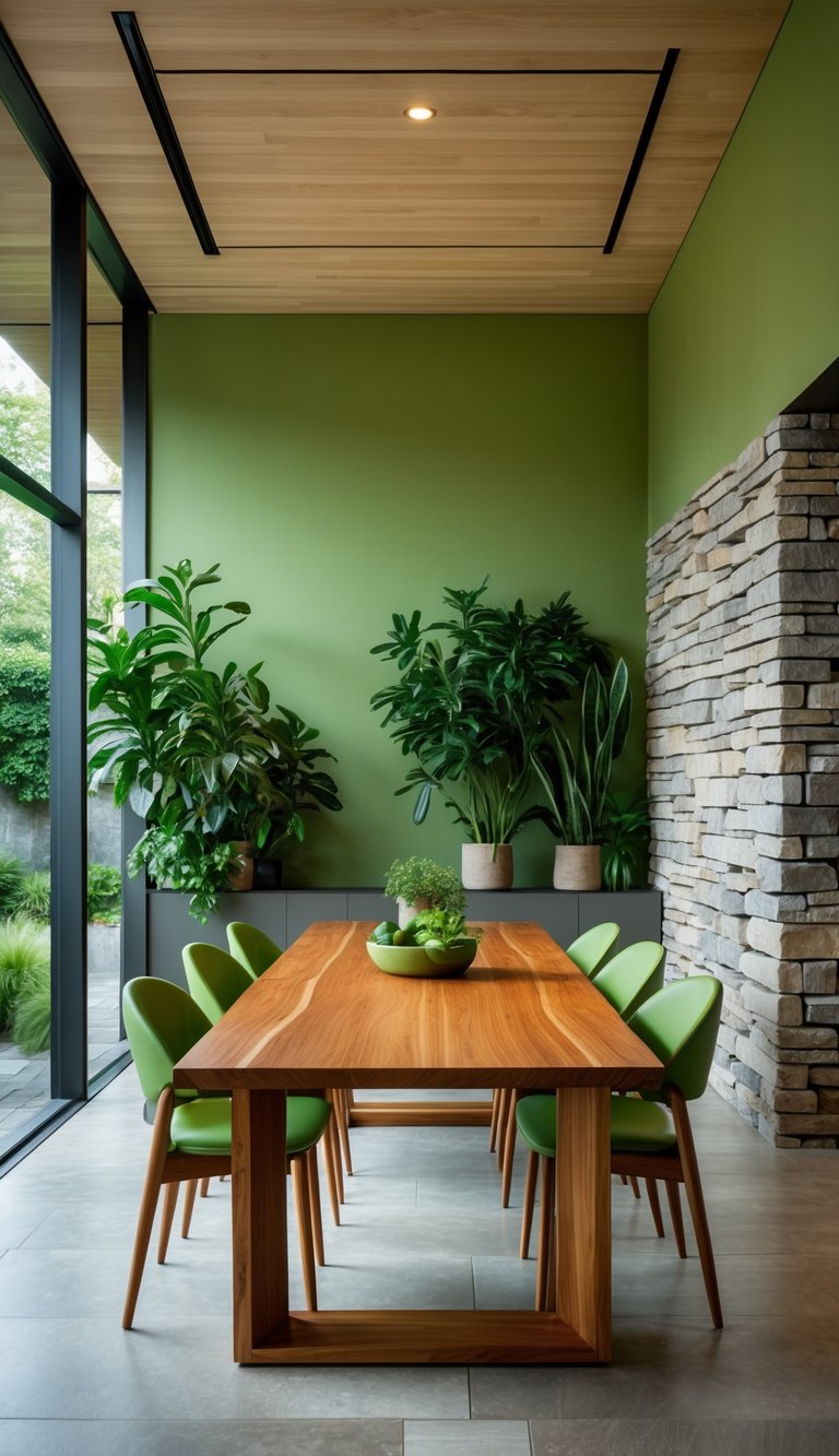 A dining room with green walls and chairs, a wooden table, stone accents, and plants.