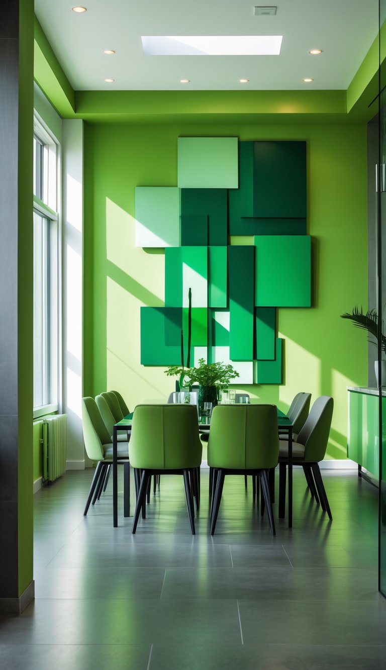 A dining room with a table, chairs, and green geometric artwork on the wall.