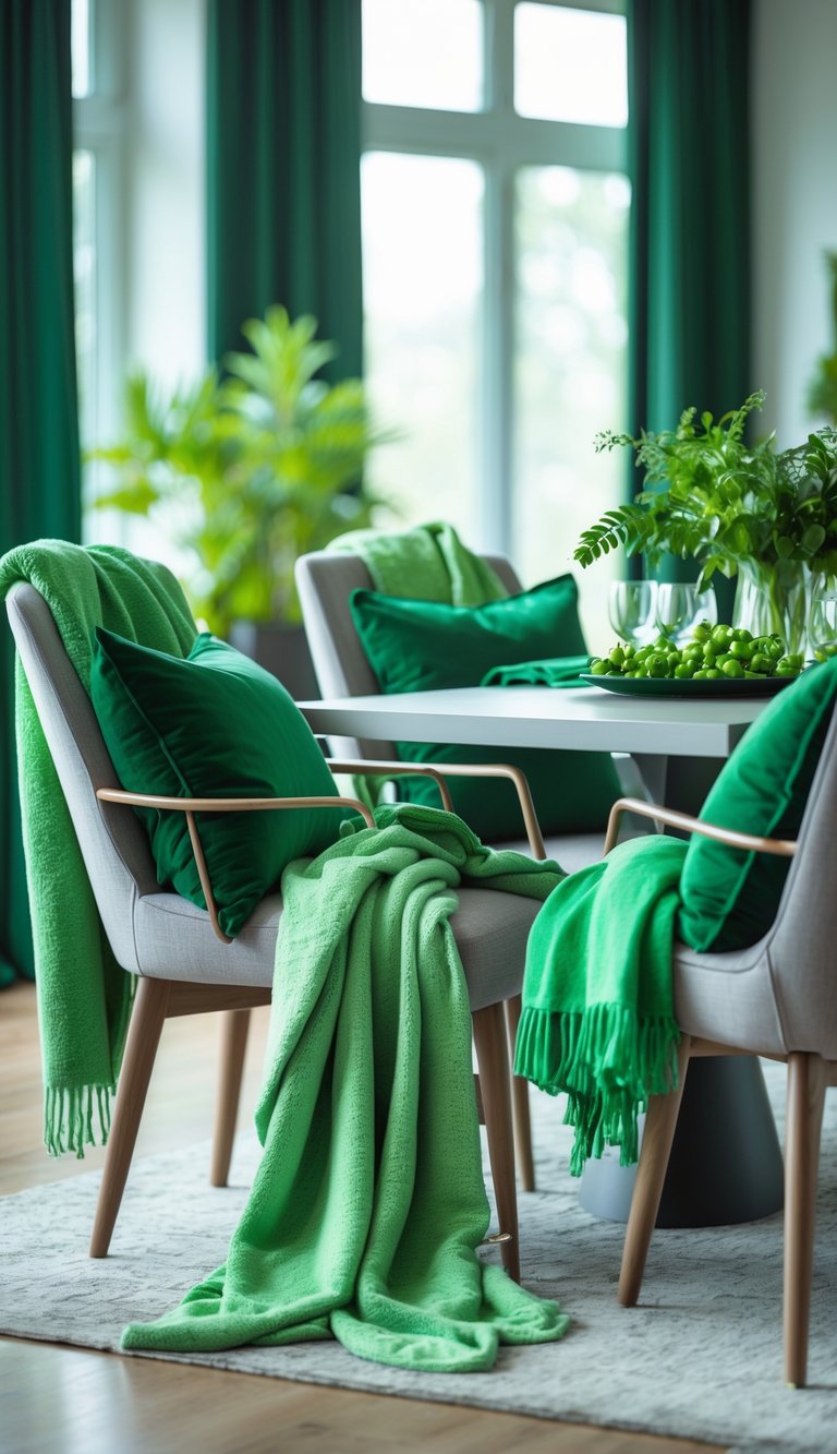 Dining room with a table and chairs decorated with green cushions and throws, featuring plants and natural light.