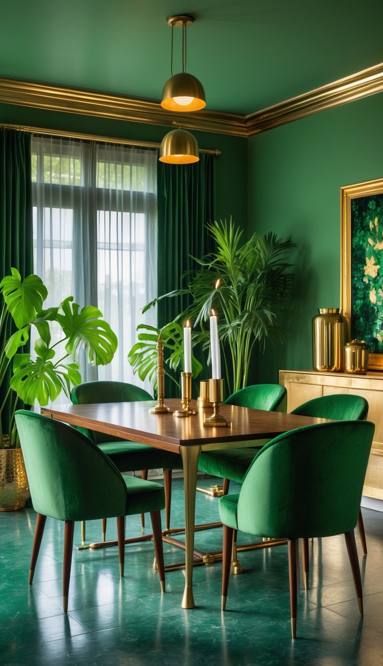 A dining room with green walls, green upholstered chairs, a wooden dining table, brass light fixtures, and green plants.