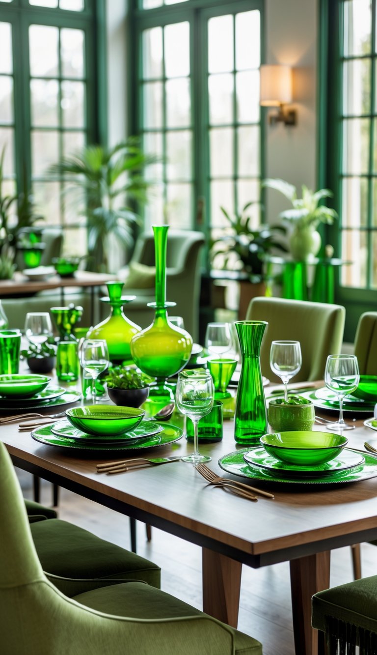 A dining room with a table set with green glassware including plates, bowls, glasses, and vases, surrounded by chairs and green decorative accents.