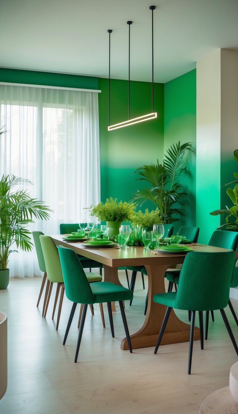A dining room with a wooden table and green chairs in various shades of green, surrounded by green walls and indoor plants.