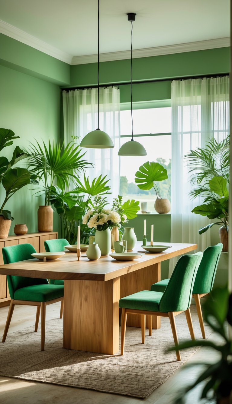 A dining room with a wooden table, green chairs, plants, and natural light coming through large windows.