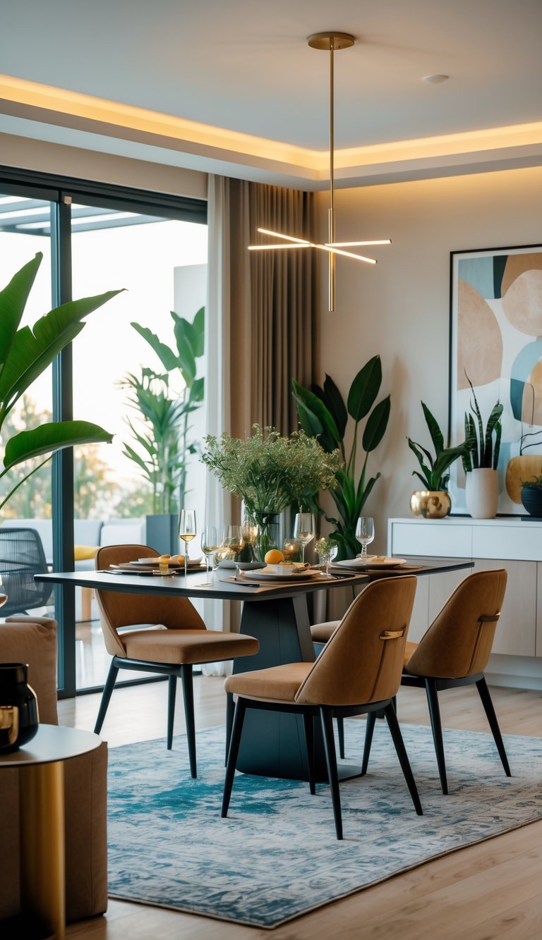 A dining room with a table set for a meal, chairs around it, and natural light coming through large windows.
