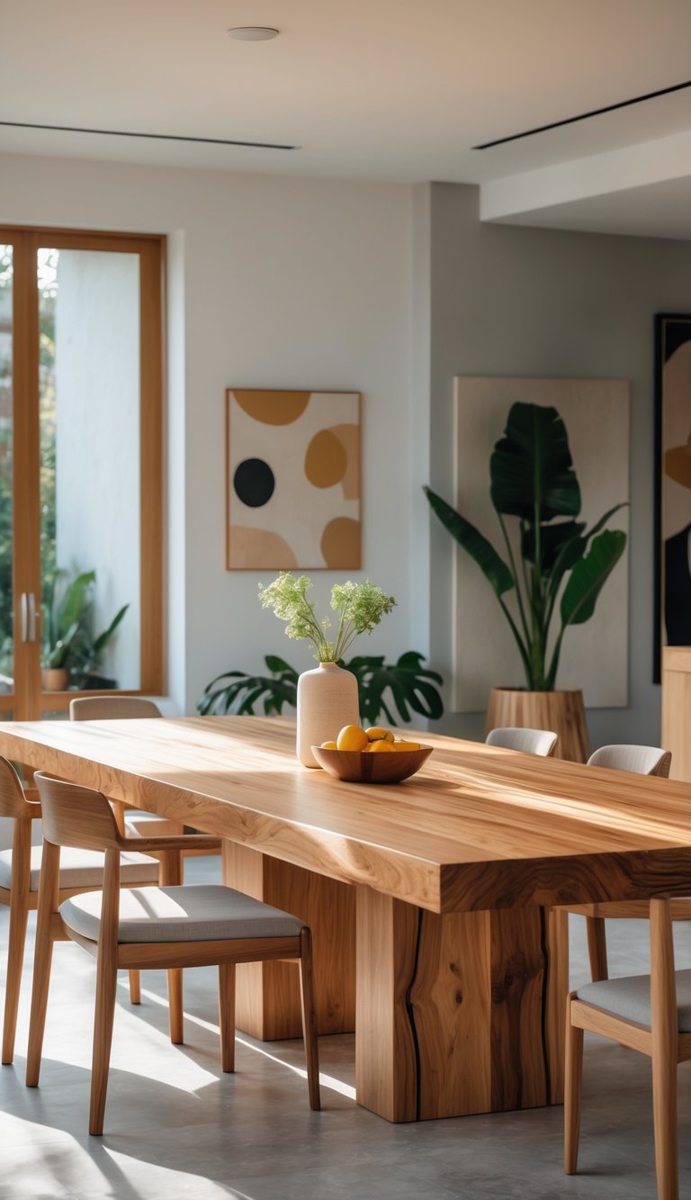 A dining room with a natural wood table, modern chairs, and large windows letting in natural light.