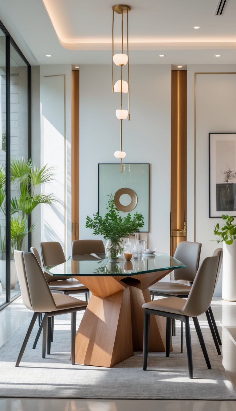 A dining room with a uniquely shaped dining table surrounded by chairs and natural light coming through large windows.
